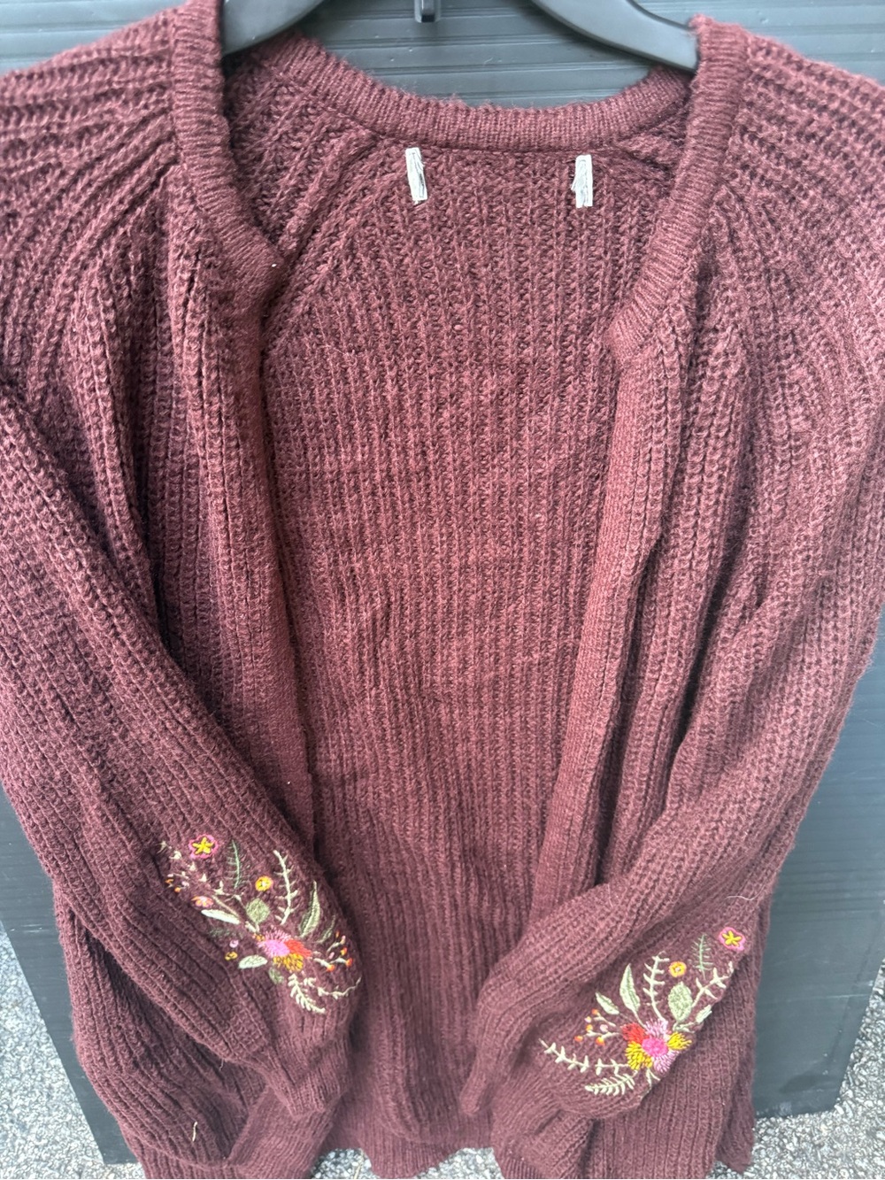 Open-Front Embroidered Sleeve Cardigan Sweater in Burgundy